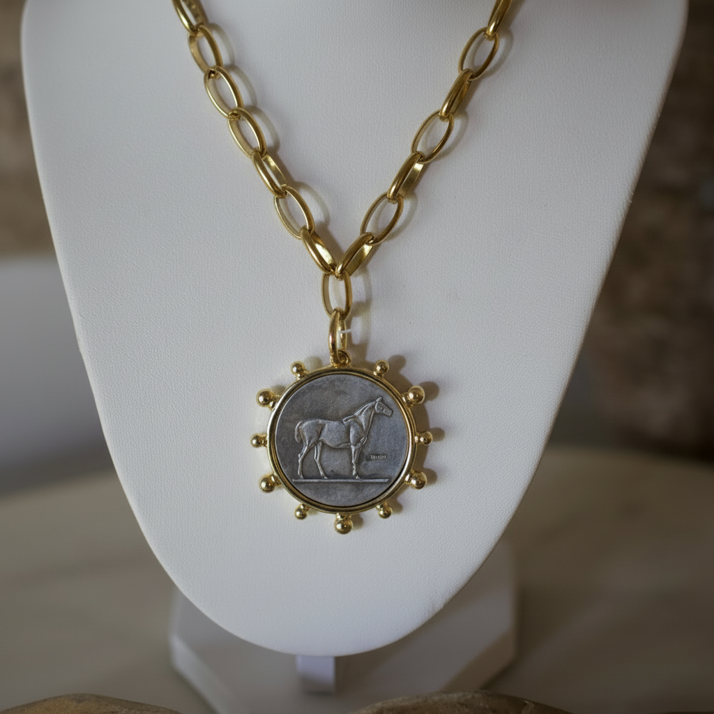 Mixed metal horse coin pendant necklace, view 4