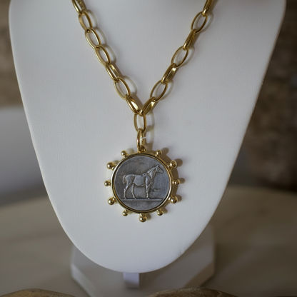 Mixed metal horse coin pendant necklace, view 4