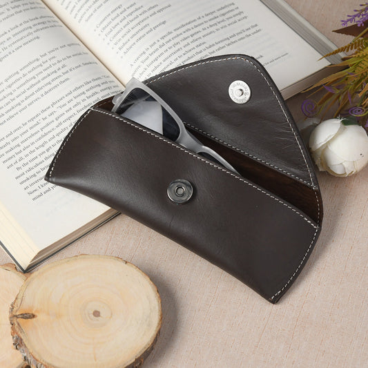 Brown leather sunglasses case with magnetic closure