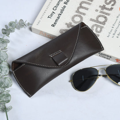 Brown leather sunglasses case with magnetic closure, view 2