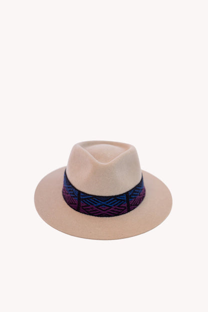 Sand colored alpaca wool felt fedora with a short brim and woven band