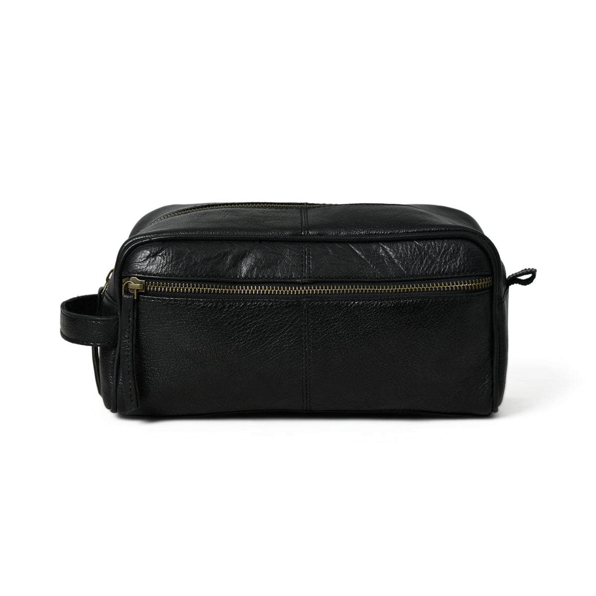 Black leather single-section toiletry bag with zip closure, view 3