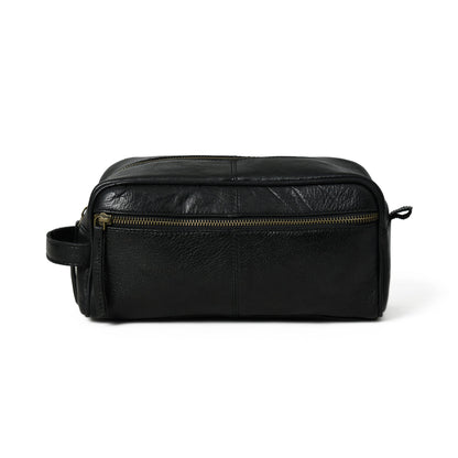 Black leather single-section toiletry bag with zip closure, view 3