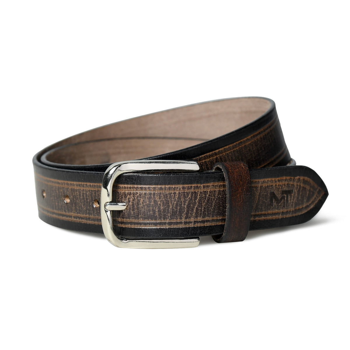 Textured brown and black leather belt with metal buckle, view 3