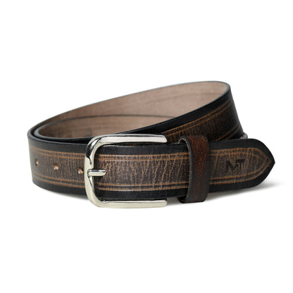 Textured brown and black leather belt with metal buckle, view 3