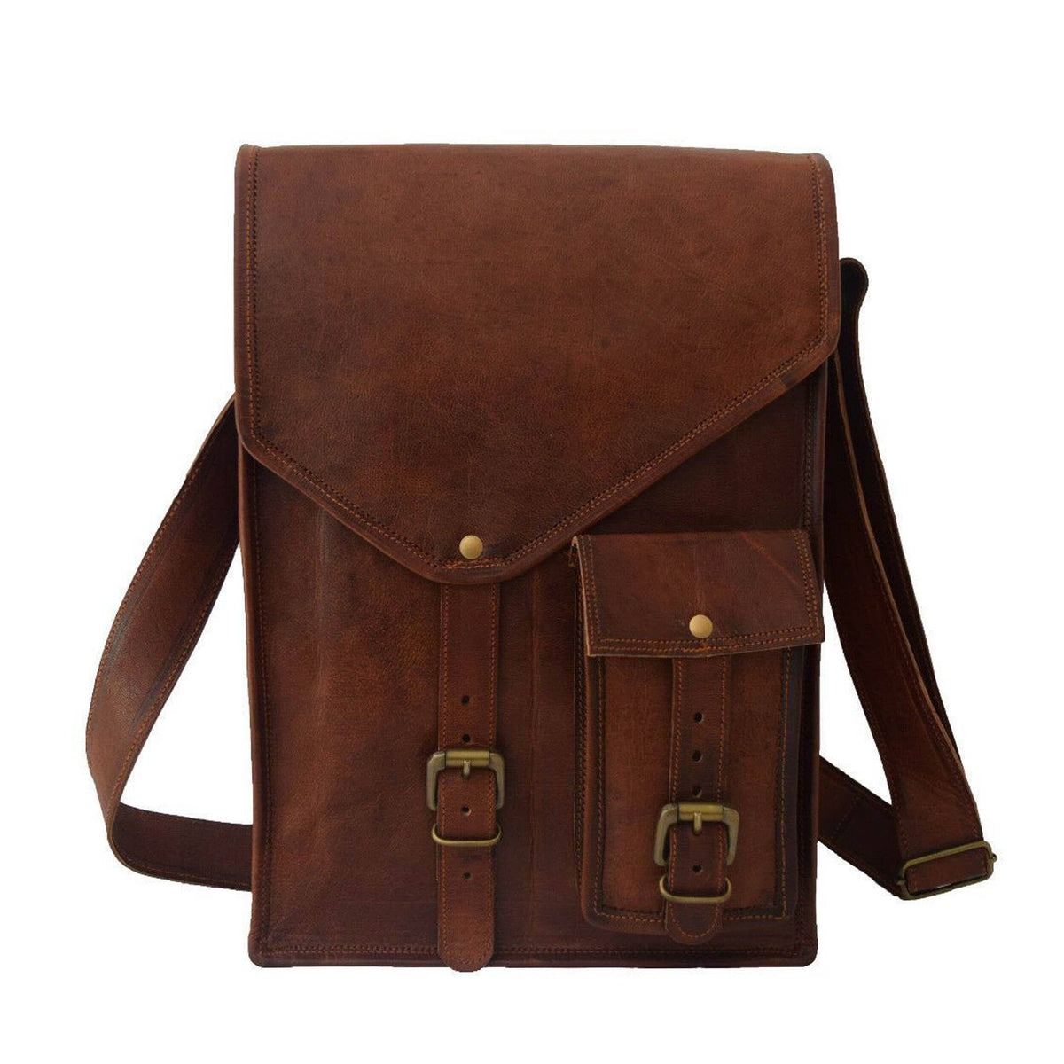 Vintage brown goat leather crossbody tablet bag with front flap