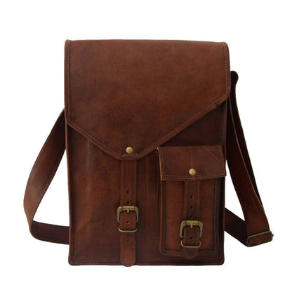 Vintage brown goat leather crossbody tablet bag with front flap