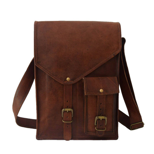 Vintage brown goat leather crossbody tablet bag with front flap