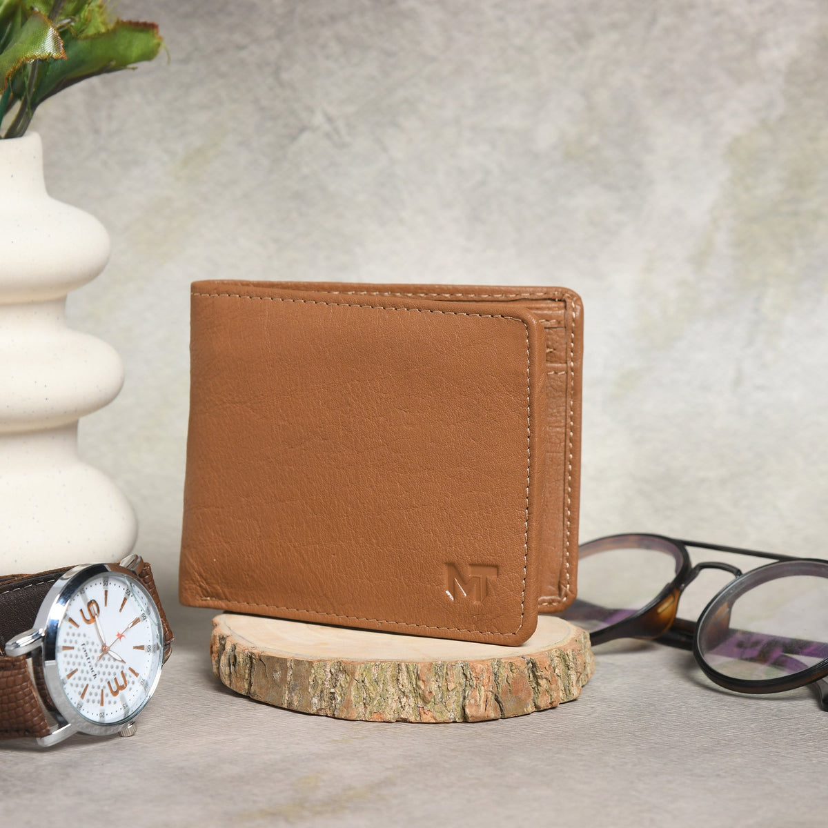 Top-grain leather slim bifold wallet open to show card slots