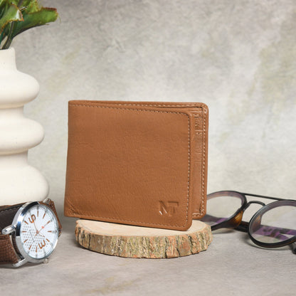 Top-grain leather slim bifold wallet open to show card slots