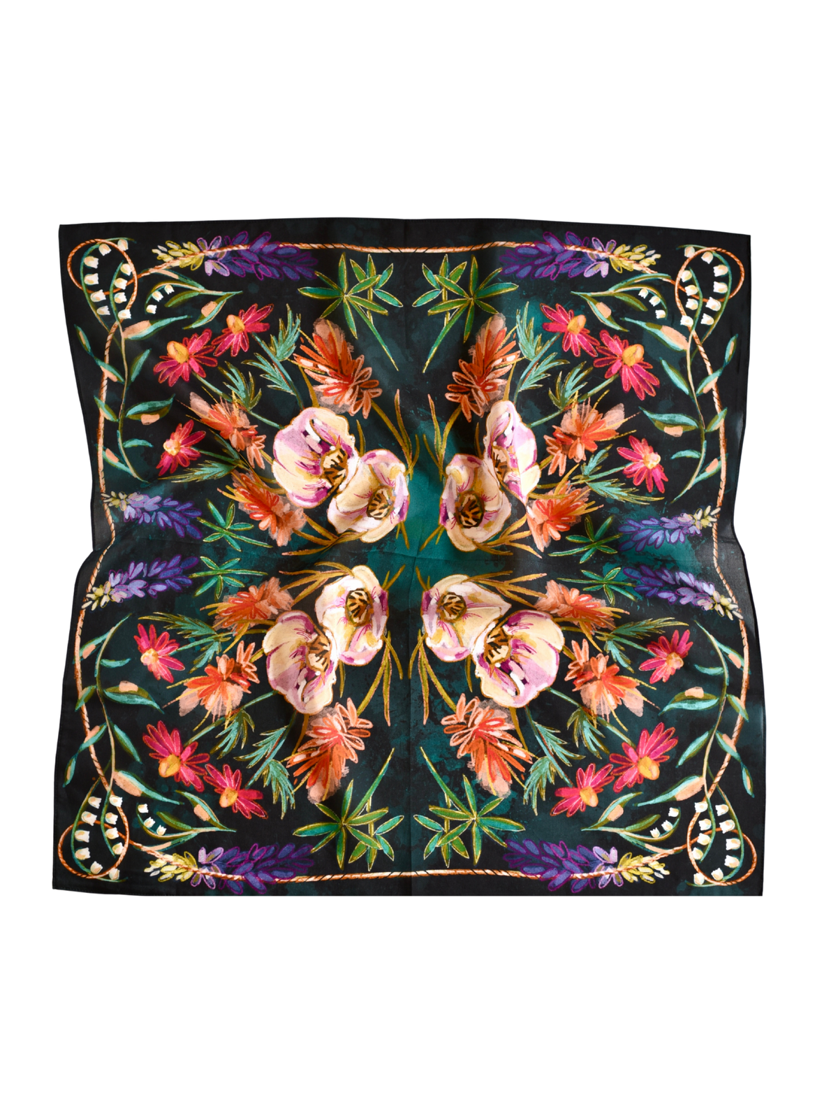 Near-black wild rag with jewel-tone wildflowers, purple lupine and a rope border