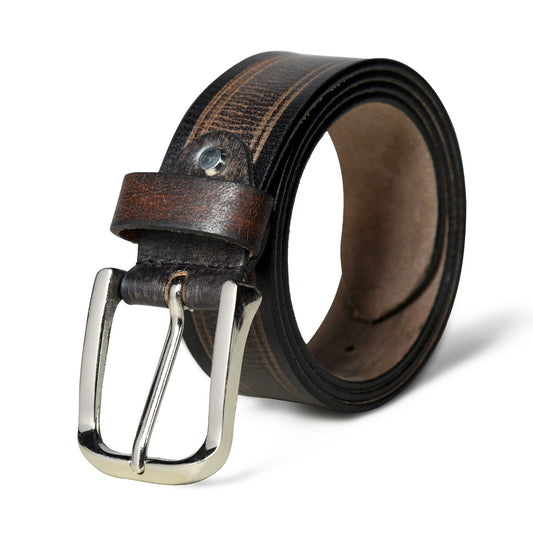 Textured brown and black leather belt with metal buckle