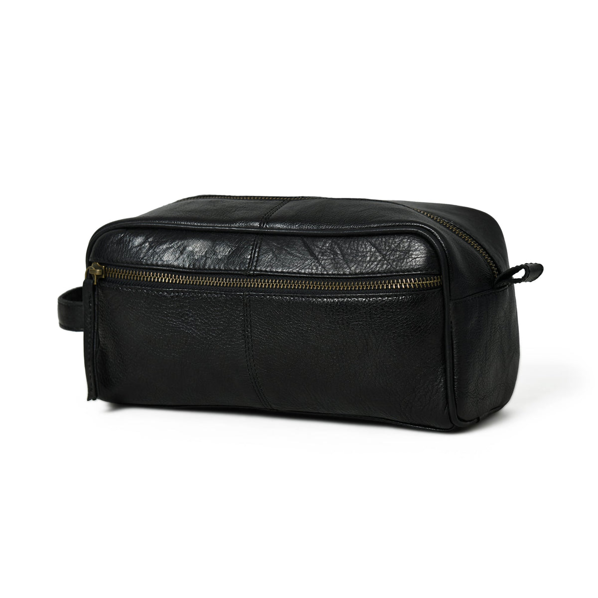 Black leather single-section toiletry bag with zip closure