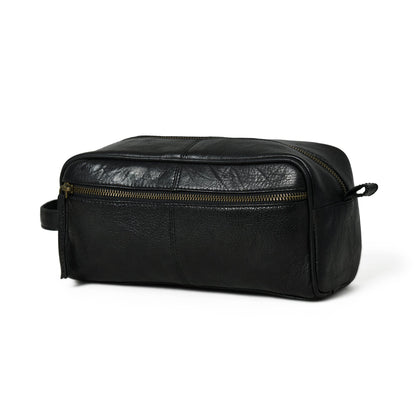 Black leather single-section toiletry bag with zip closure