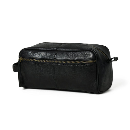 Black leather single-section toiletry bag with zip closure