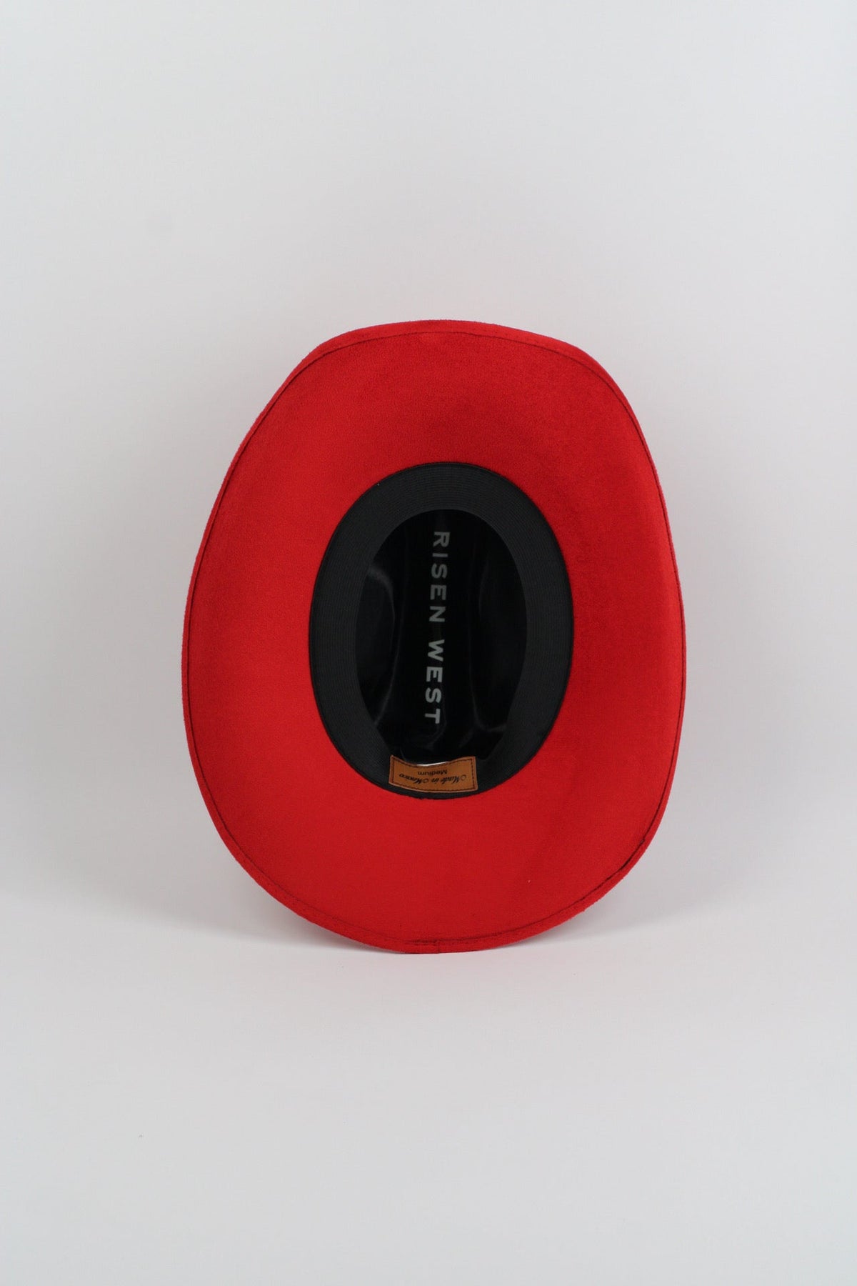 Lipstick red vegan suede cowboy hat with a lifted brim and faux leather band, view 4