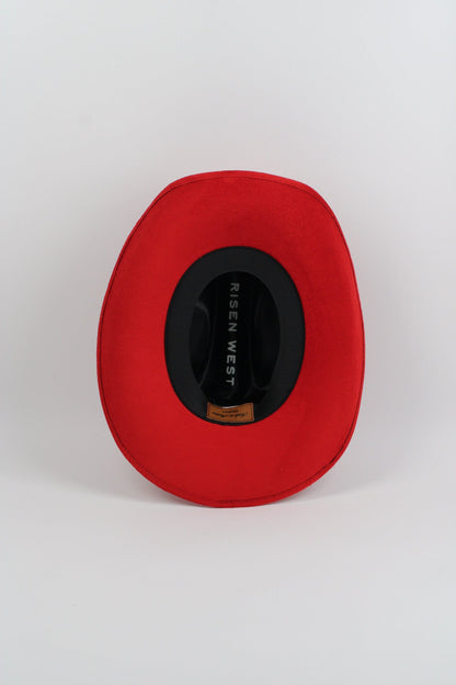 Lipstick red vegan suede cowboy hat with a lifted brim and faux leather band, view 4