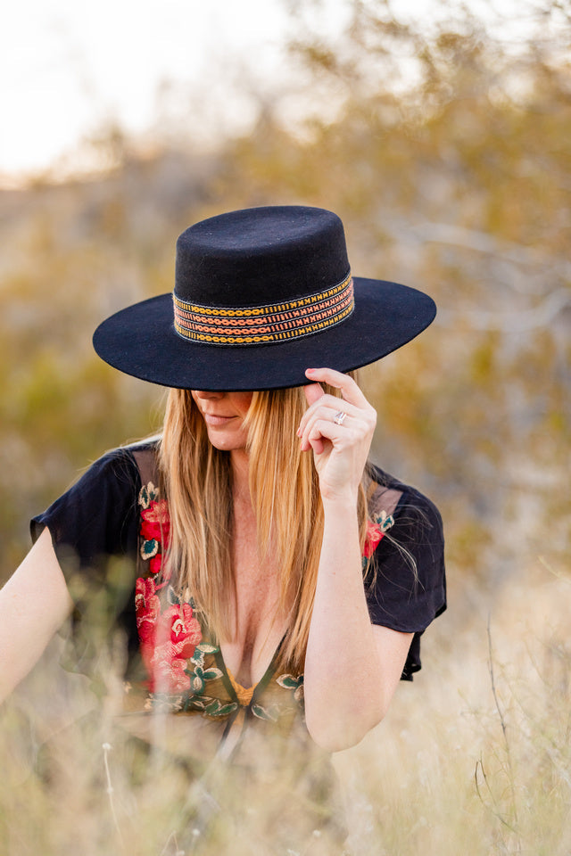 Black alpaca wool felt Spanish style hat with a woven textile band, view 3