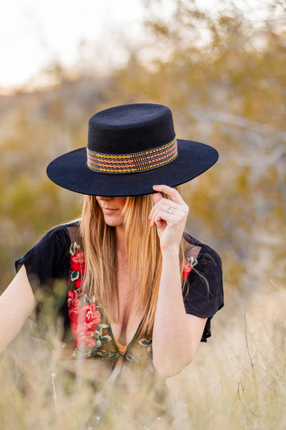 Black alpaca wool felt Spanish style hat with a woven textile band, view 3