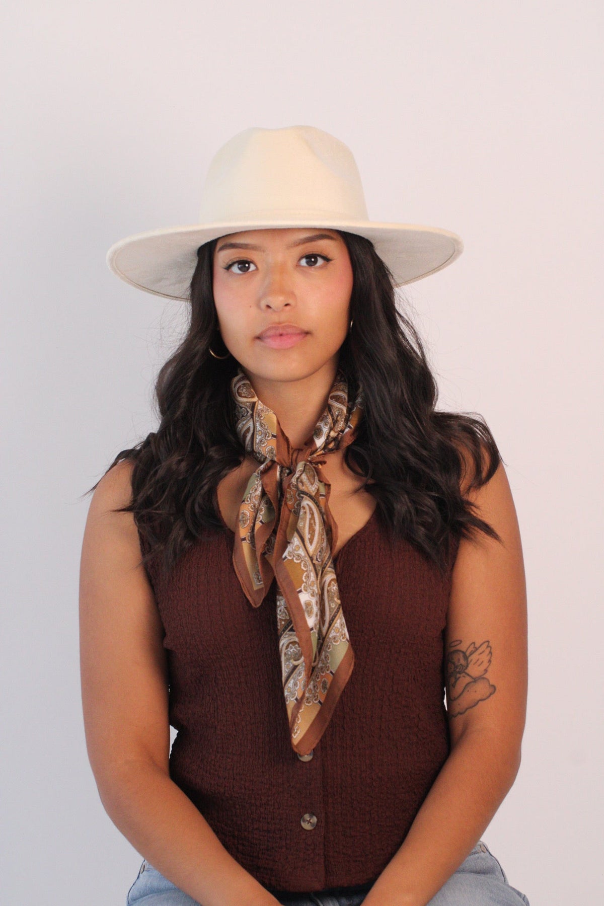 White vegan suede rancher hat with a flat 3-inch brim, view 4