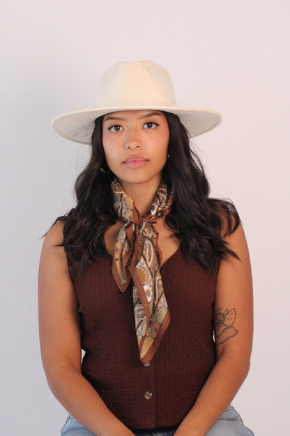 White vegan suede rancher hat with a flat 3-inch brim, view 4
