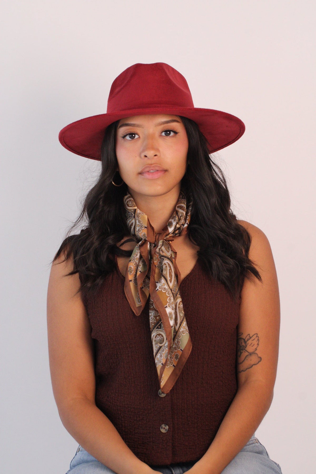 Burgundy vegan suede rancher hat with a flat 3-inch brim, view 3