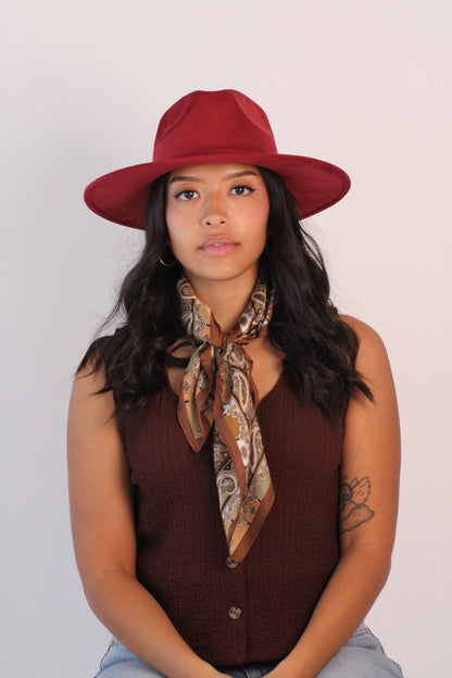 Burgundy vegan suede rancher hat with a flat 3-inch brim, view 3
