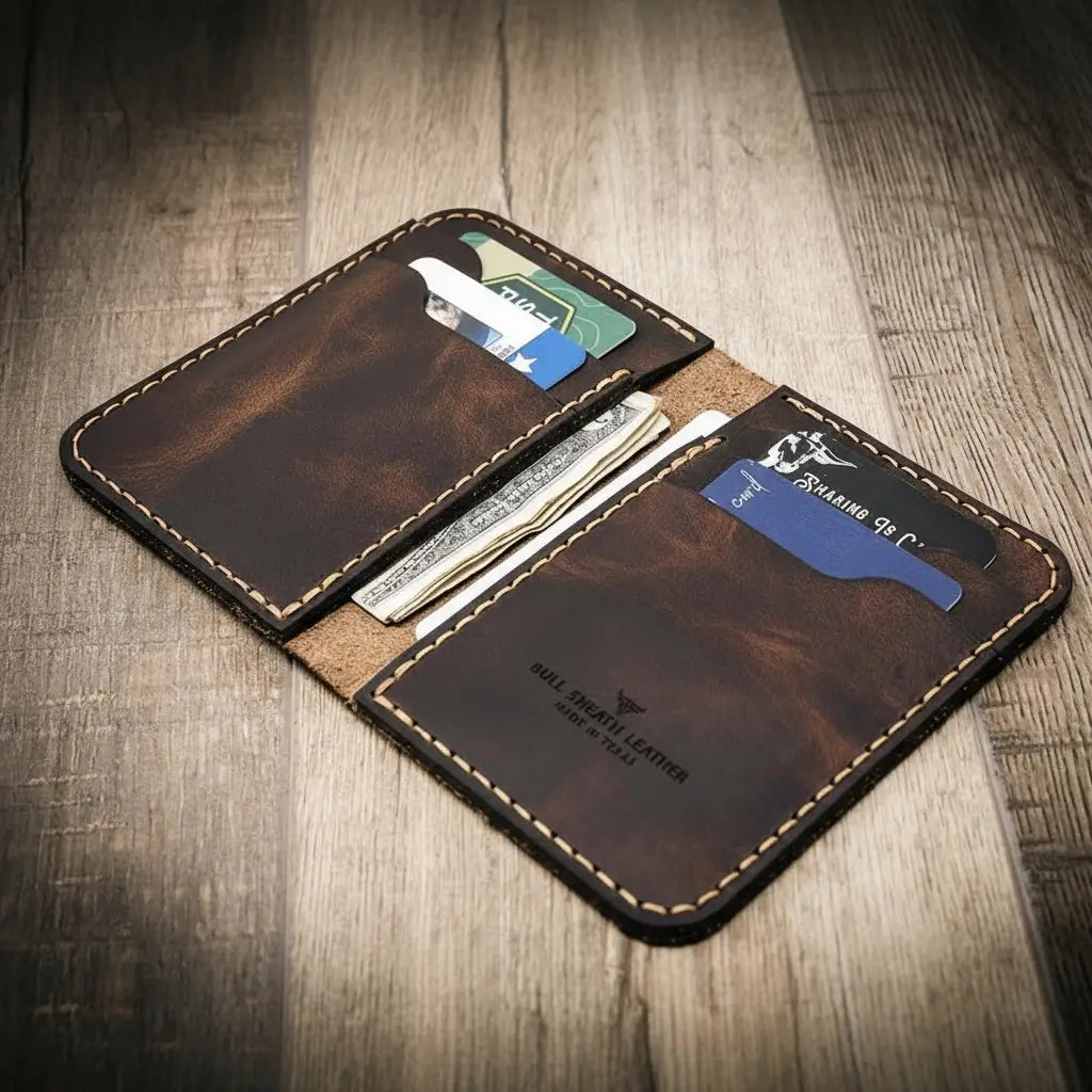 Saddle tan vertical leather wallet with card slots, view 4