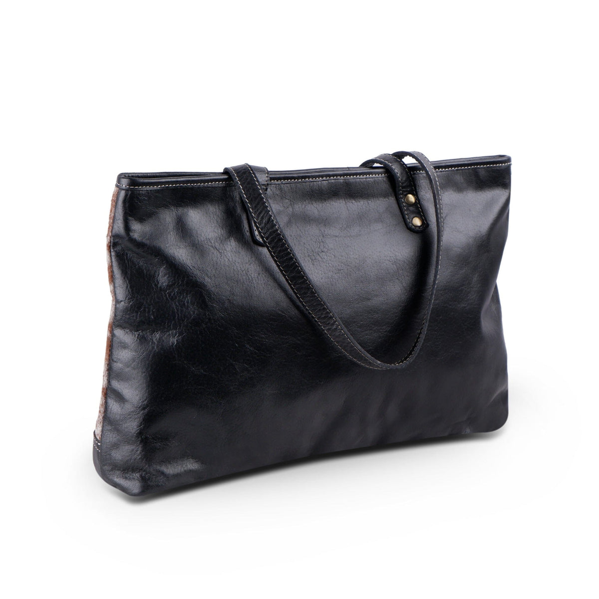 Cowhide leather women's tote bag with zip top, view 3