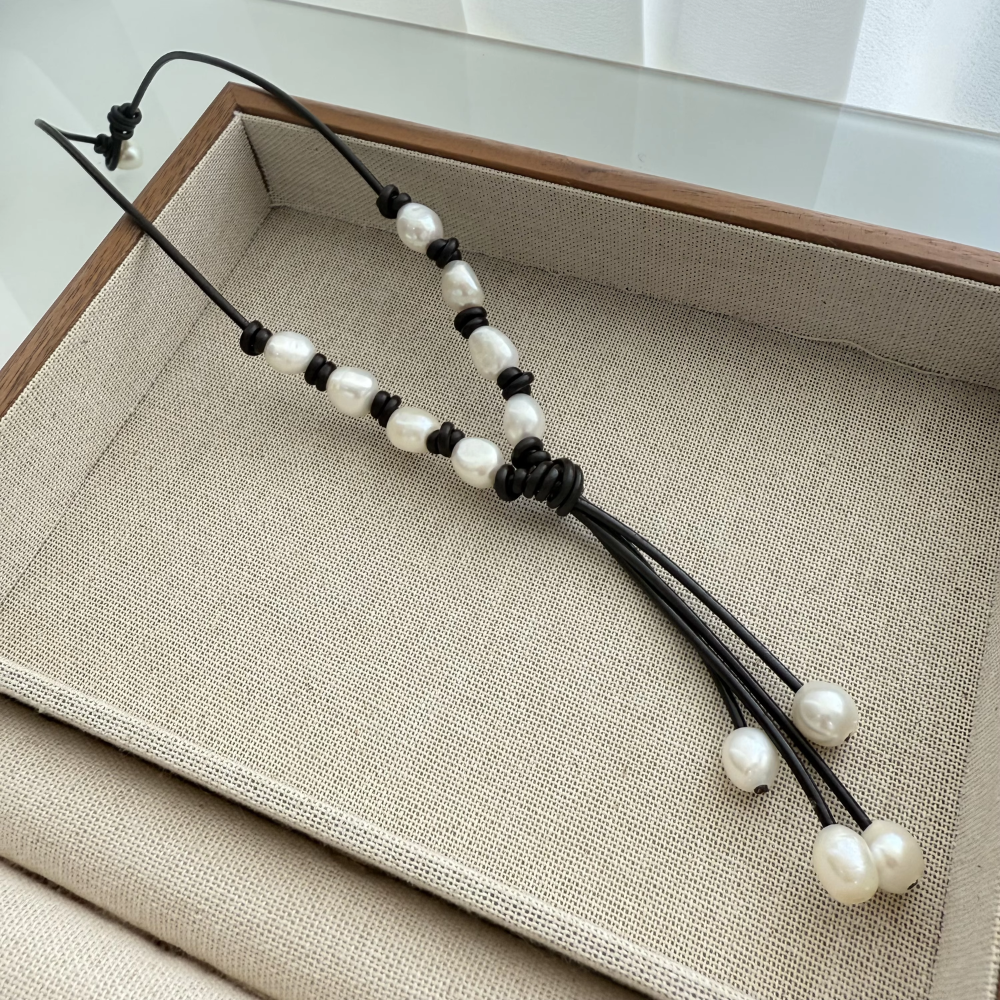Dark brown leather lariat necklace with freshwater pearls, view 3