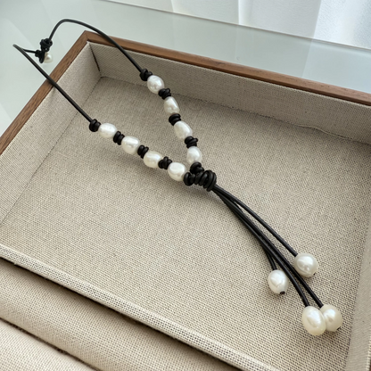 Dark brown leather lariat necklace with freshwater pearls, view 3