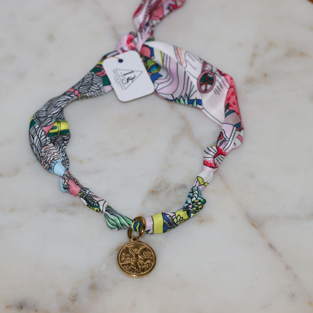 Multicolor silk scarf necklace with gold coin pendant, view 2