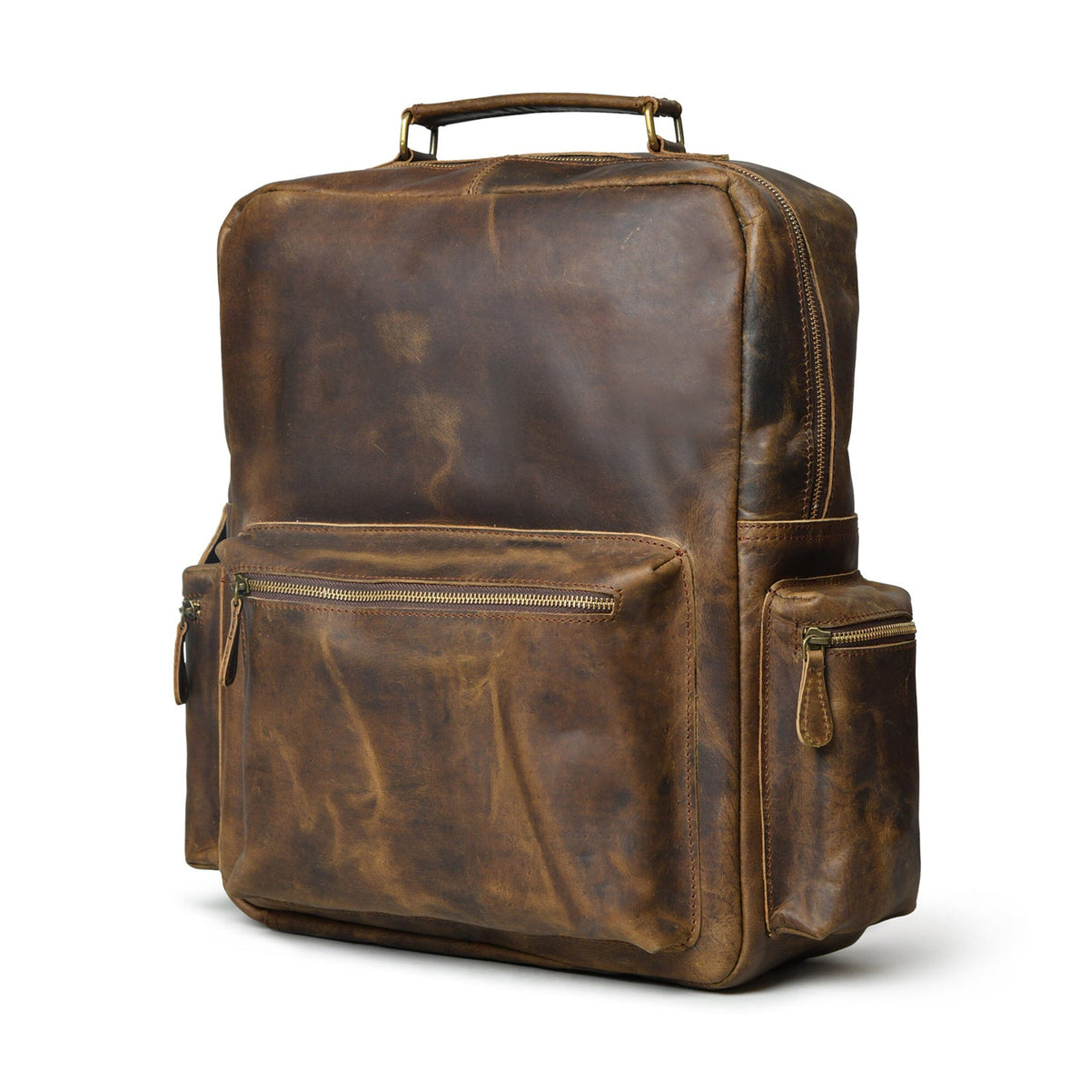 Vintage brown buffalo leather backpack with three front pockets, view 2