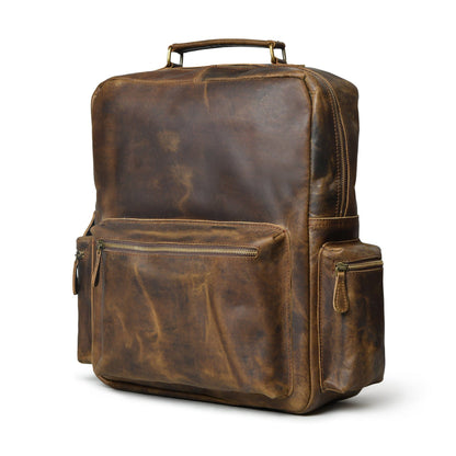 Vintage brown buffalo leather backpack with three front pockets, view 2