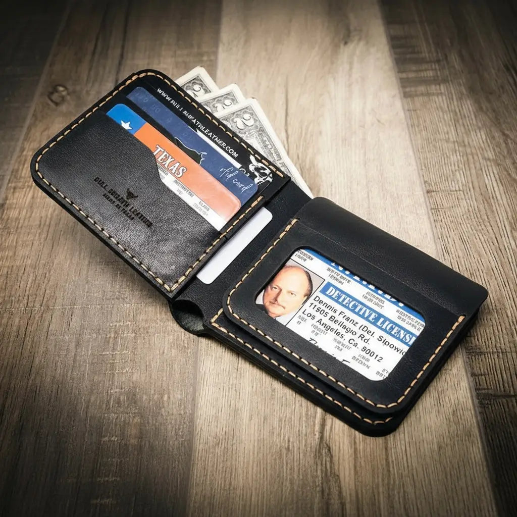 Oath Badge Bifold Wallet in Black by Bull Sheath Leather, view 5