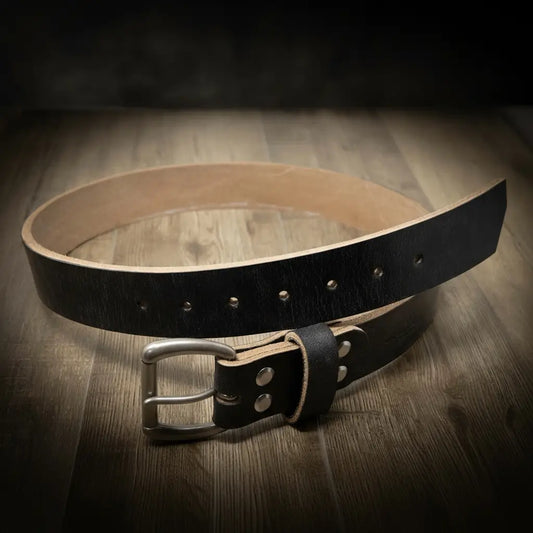 Black oak bark tanned leather belt with solid brass buckle