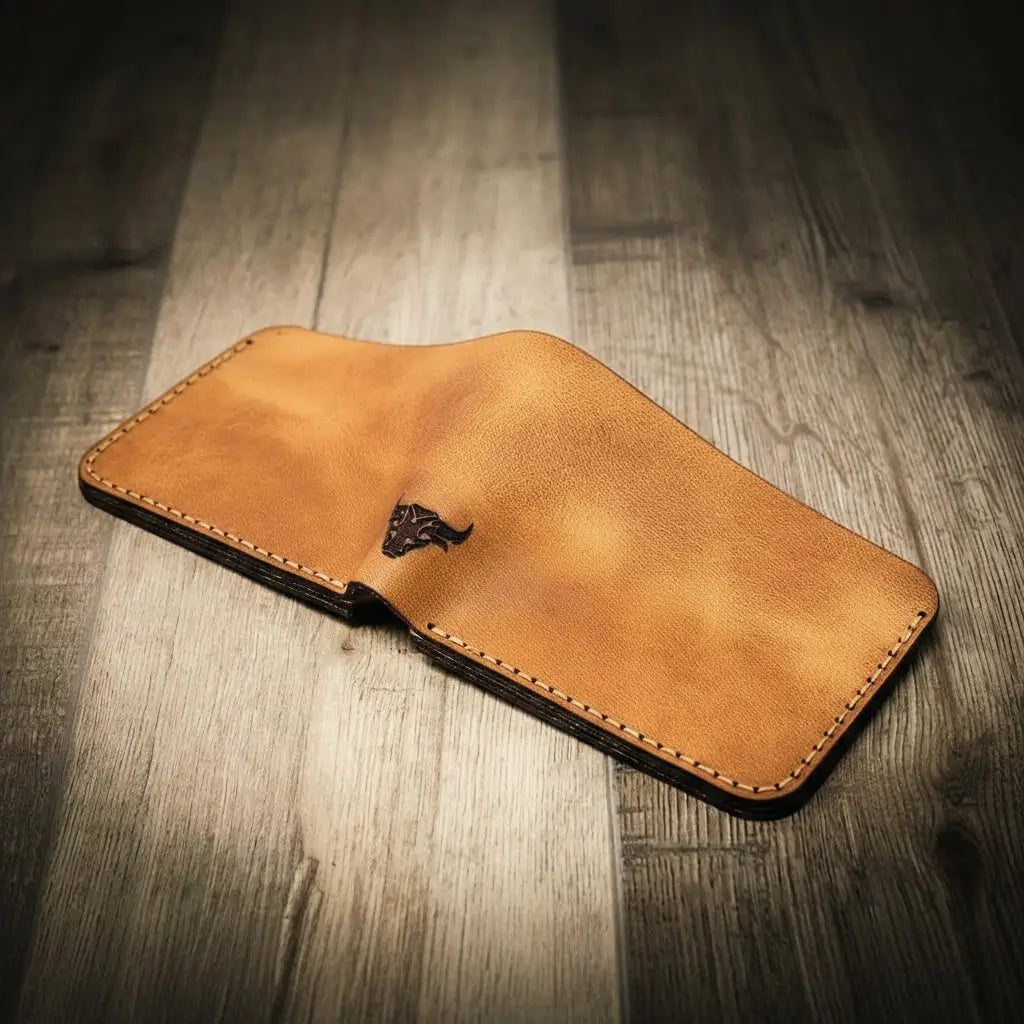 Saddle tan leather bifold wallet with burnished edges, view 3