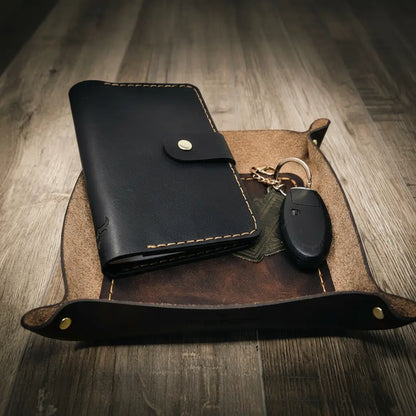 Saddle tan square leather valet tray, view 3