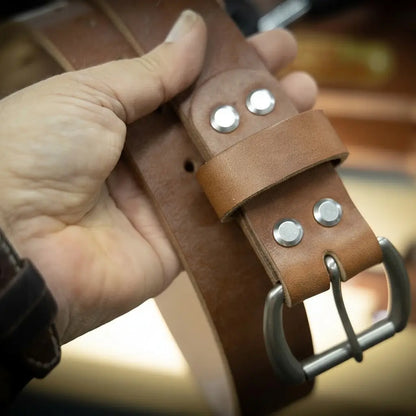 Oak brown full-grain leather belt with solid brass buckle, view 2