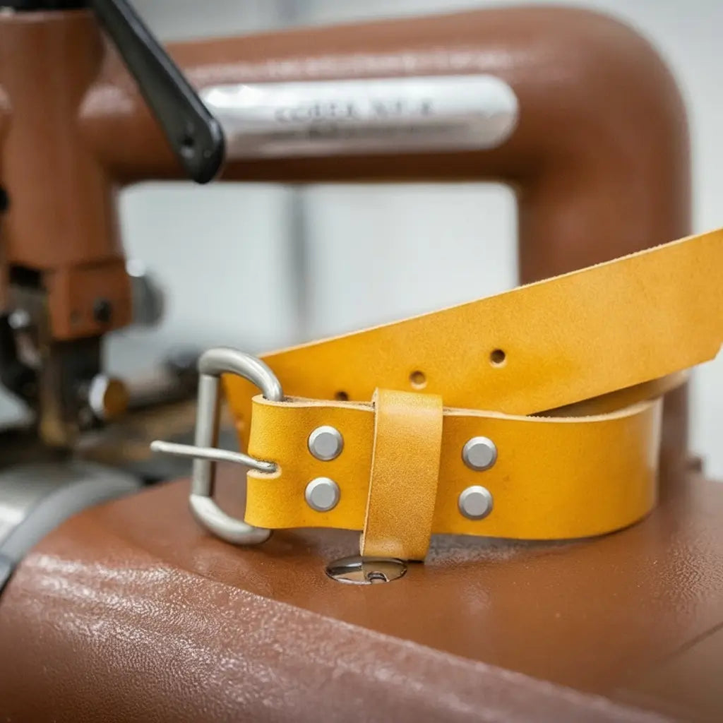 Saddle tan oak bark tanned leather belt with solid brass buckle, view 4