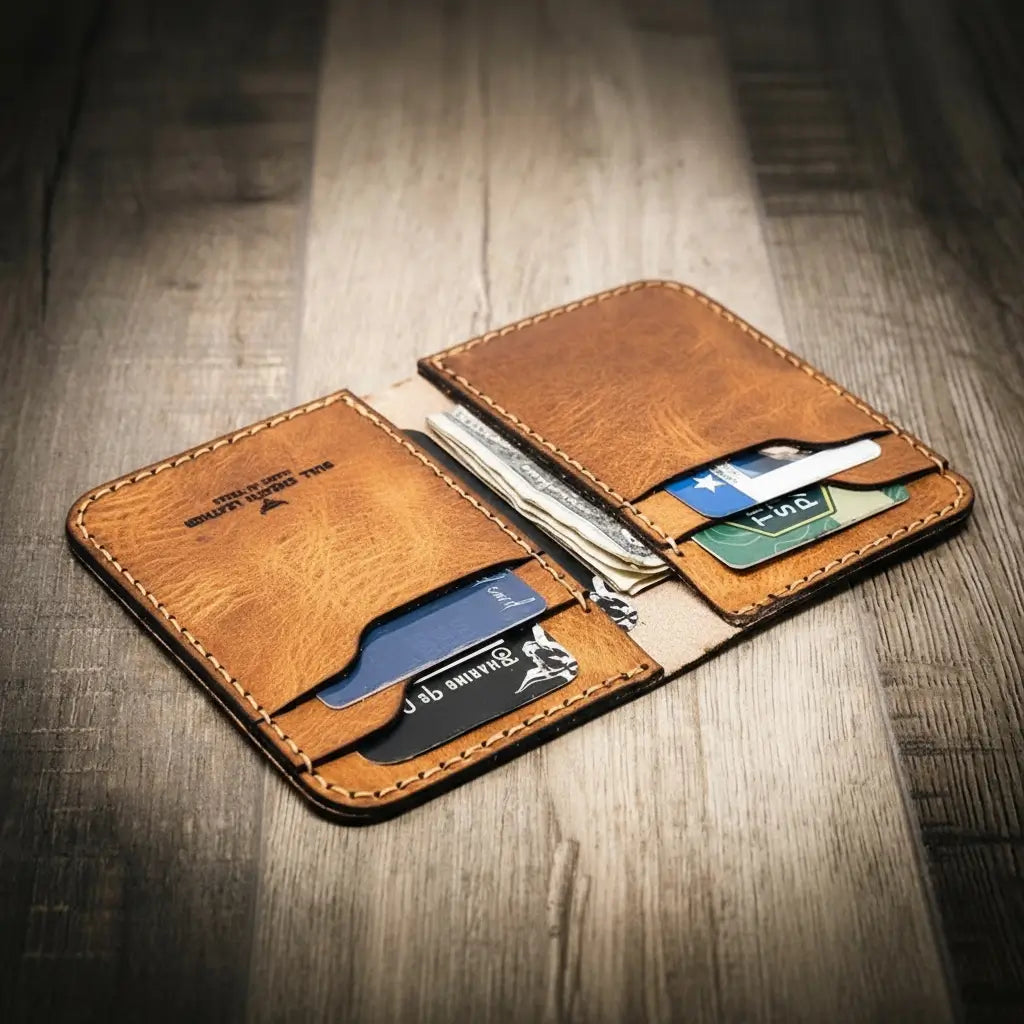 Saddle tan vertical leather wallet with card slots, view 3