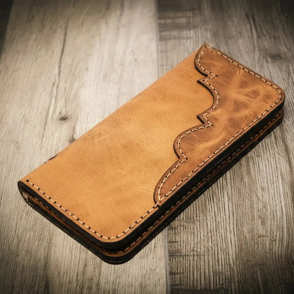 Saddle tan western tooled leather long wallet
