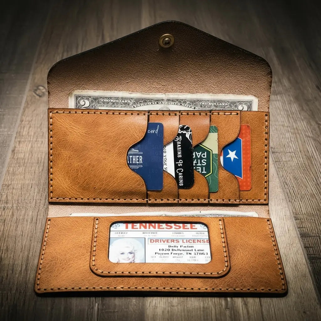 Saddle tan wrap-around leather clutch wallet folded flat