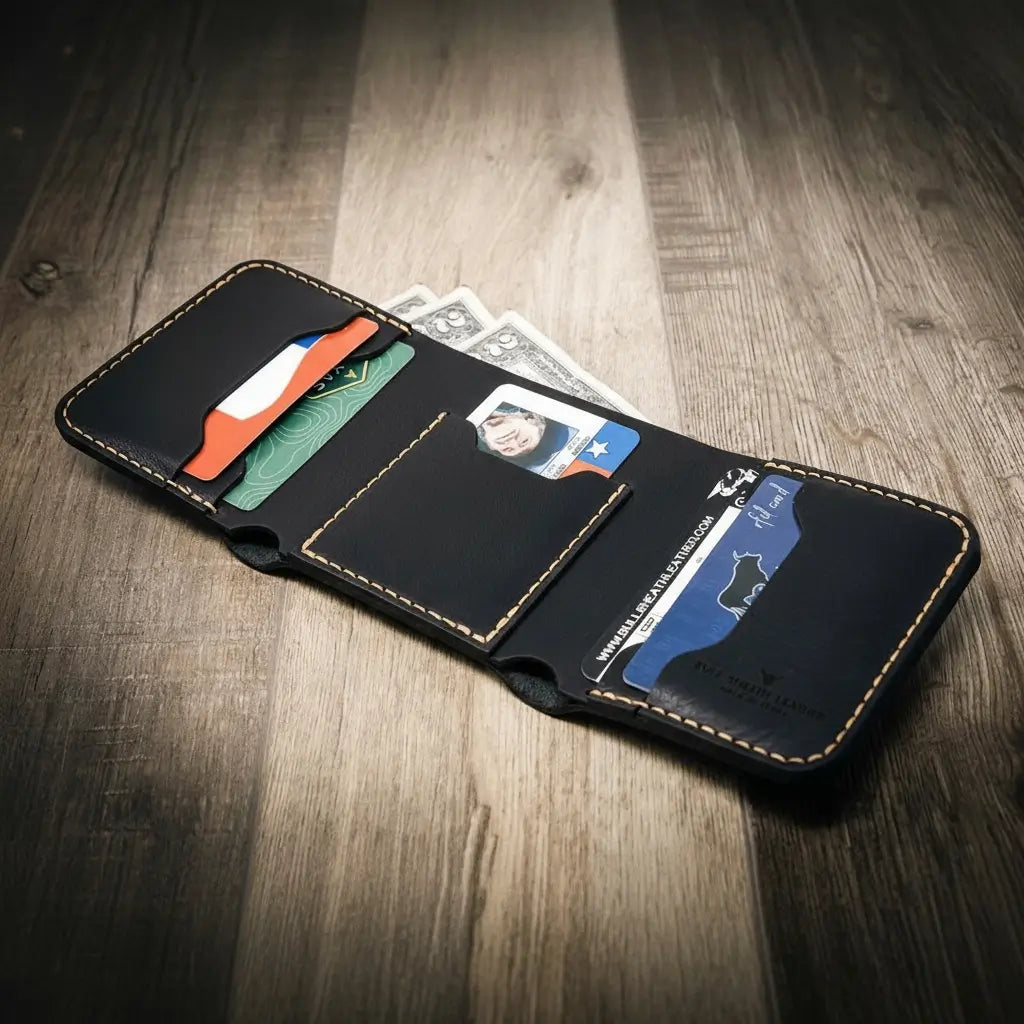 Tooled Western Trifold Wallet in Black by Bull Sheath Leather, view 2