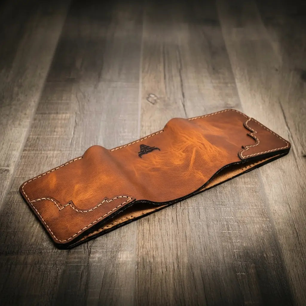 Tooled Western Trifold Wallet in Chestnut Brown by Bull Sheath Leather