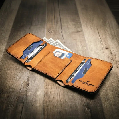 Saddle tan western tooled leather trifold wallet, view 2
