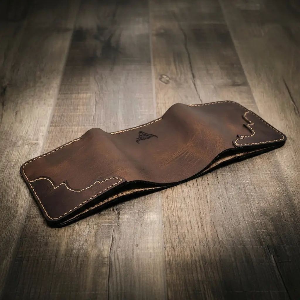 Tooled Western Trifold Wallet in Walnut Brown by Bull Sheath Leather