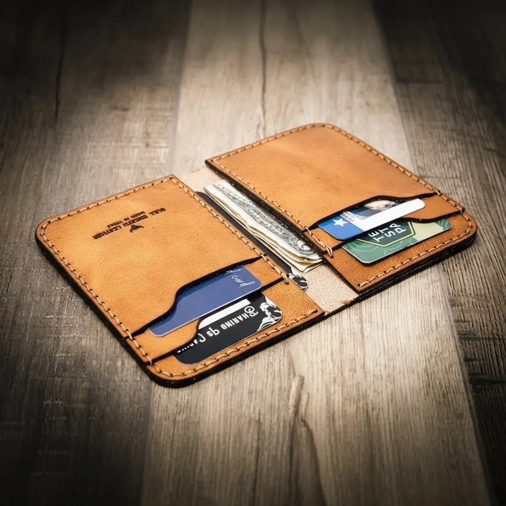 Saddle tan western tooled vertical leather wallet, view 3