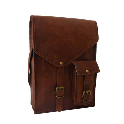 Vintage brown goat leather crossbody tablet bag with front flap, view 2
