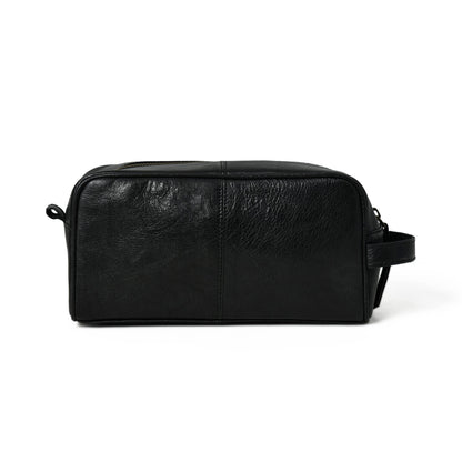 Black leather single-section toiletry bag with zip closure, view 4